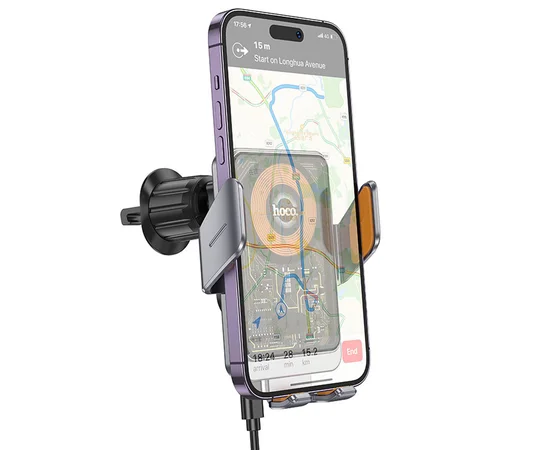 Автодержатель с БЗУ Hoco HW7 Transparent Discovery Edition (air outlet) Metal gray