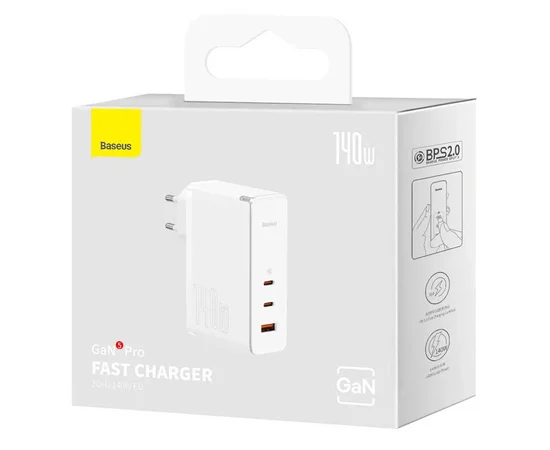 СЗУ Baseus GaN5 Pro 2Type-C+USB 140W EU (with Type-C to Type-C 140W (1m)) (CCGP100201) White