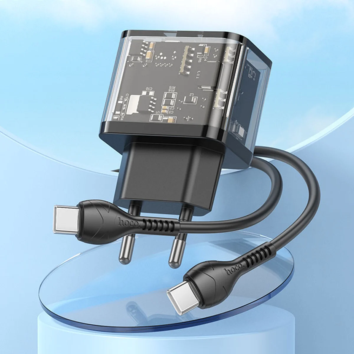 СЗУ Hoco N34 Dazzling PD20W+QC3.0 + Type-C to Type-C Transparent black