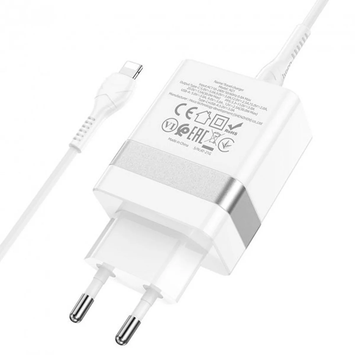 СЗУ Hoco N21 Topspeed PD30W+QC3.0 (1USB/1Type-C/3A) + Type-C to Lightning Белый