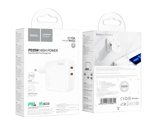 СЗУ Hoco C110A PD 35W+QC3.0 (2 Type-C) + Type-C to Lightning White