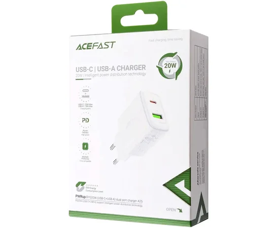 СЗУ Acefast A25 PD20W (USB-C+USB-A) dual port White
