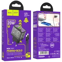 СЗУ Hoco N34 Dazzling PD20W+QC3.0 + Type-C to Lightning Transparent black