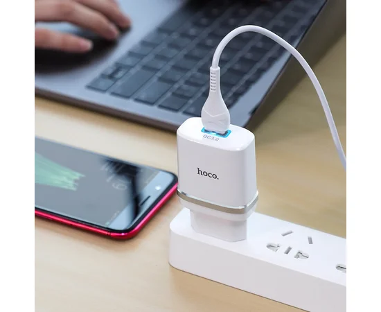СЗУ Hoco C12Q Smart QC3.0 (1USB/3A) + MicroUSB Белый