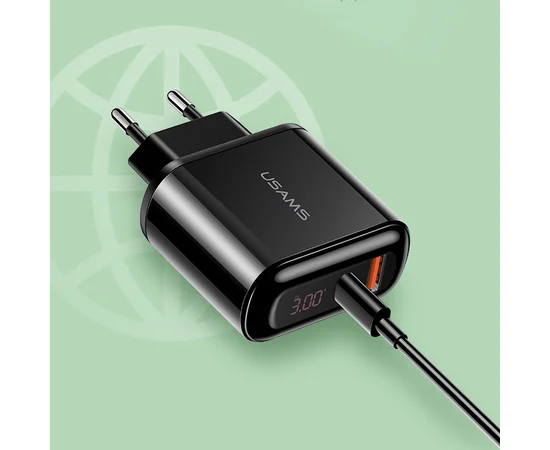 СЗУ USAMS US-CC085 T23 QC3.0+PD3.0 Fast Charger (EU)+U31 Type-C to Lightning PD Fast Charging 1.2m Черный
