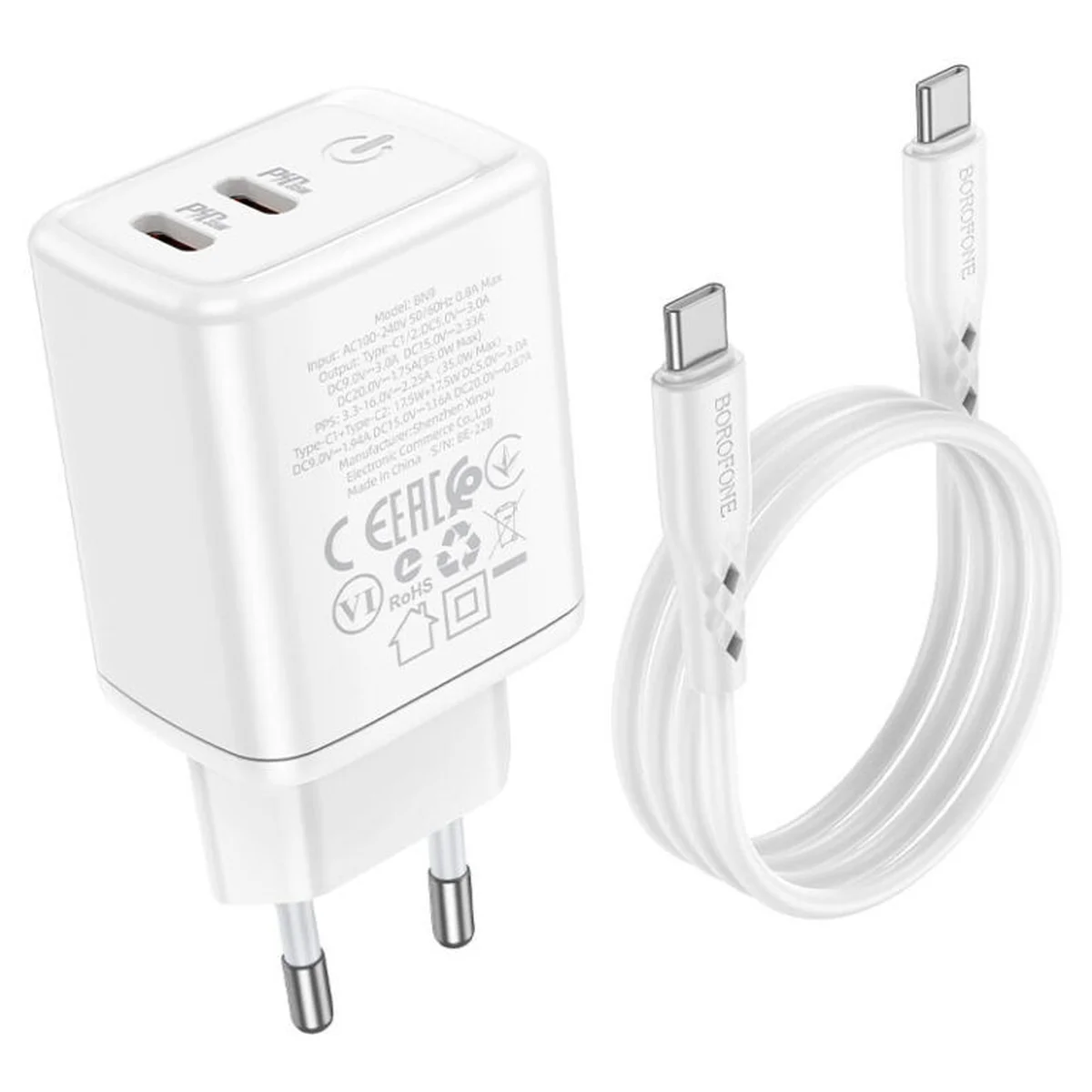 СЗУ Borofone BN9 PD35W (2Type-C) + Type-C to Type-C White