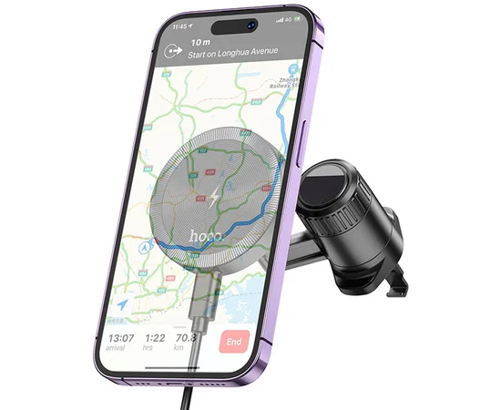 Автодержатель с БЗУ Hoco HW6 Vision metal magnetic (air outlet) Black / Metal gray