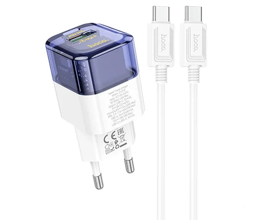 СЗУ Hoco C131A Platium PD30W+QC3.0 + Type-C to Type-C Transparent blue