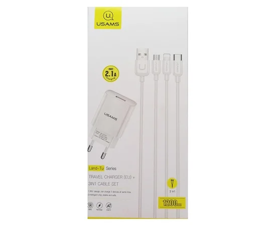 СЗУ USAMS-LT T18 Single USB Travel Charger (EU) +3IN1 Charging Cable-U Turn Series Белый
