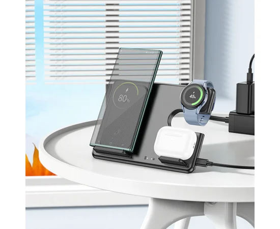 БЗУ Hoco CQ2 Flash folding 3-in-1 wireless fast charger (for Samsung Watch) Black
