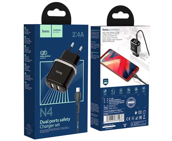 СЗУ Hoco N4 (2USB/2.4A) + MicroUSB Черный