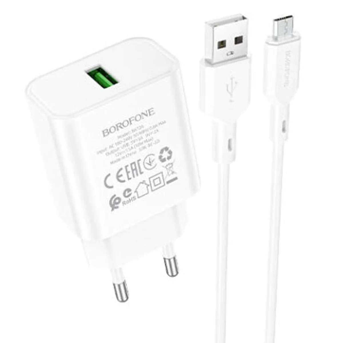 СЗУ Borofone BA72A Spring QC3.0 USB to MicroUSB White