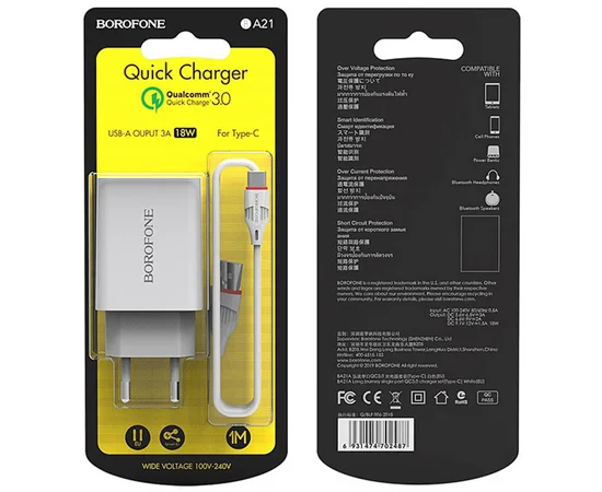 СЗУ Borofone BA21A Long journey QC3.0 (1USB/3A) + Type-C Белый