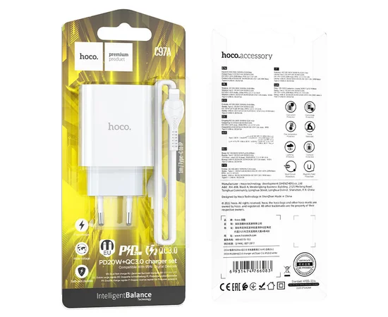 СЗУ HOCO C97A PD20W+QC3.0 (1USB/1Type-C/3A) + Type-C to Lightning Белый