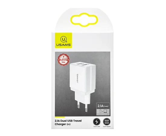 СЗУ USAMS US-CC090 T24 2.1A Dual USB Travel Charger （EU） Белый