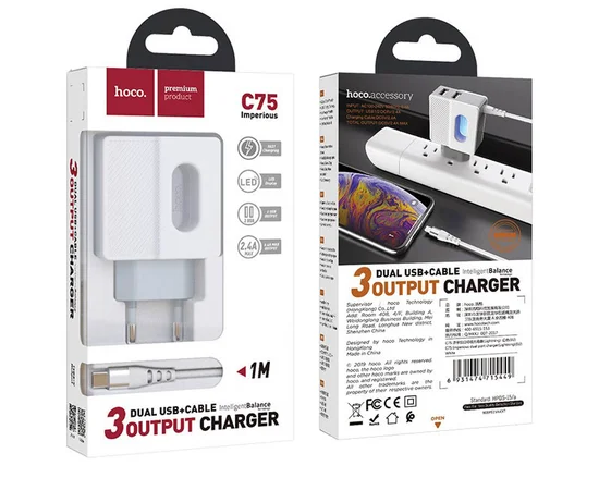 СЗУ Hoco C75 (2USB/2.4A) +Type-C Белый