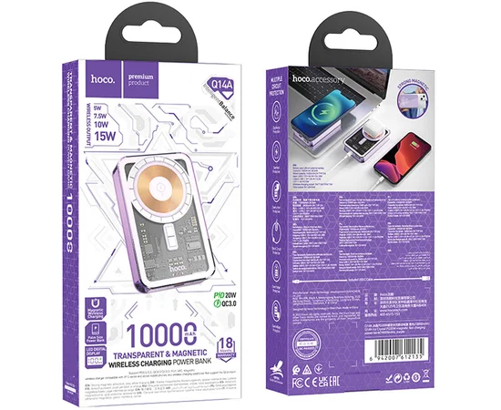 Портативное зарядное устройство Power Bank Hoco Q14A Ice Crystal PD20W с БЗУ 10000 mAh Purple
