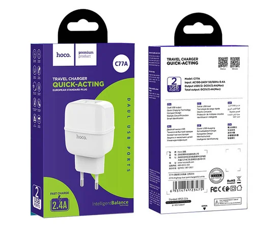 СЗУ Hoco C77A (2USB/2.4A) Белый