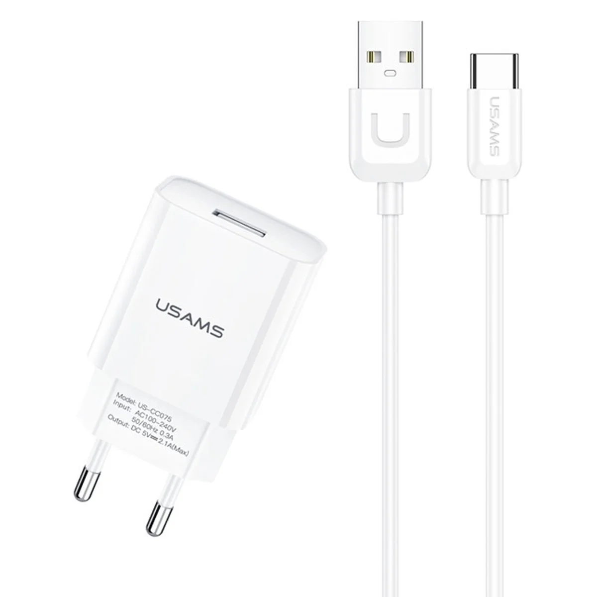 СЗУ USAMS T21 Charder kit - T18 single USB + Uturn Type-C cable Білий