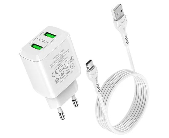 СЗУ HOCO N6 QC3.0 (2USB/3A) + USB - Type-C Білий