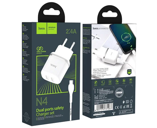 СЗУ Hoco N4 (2USB/2.4A) + Type-C Белый