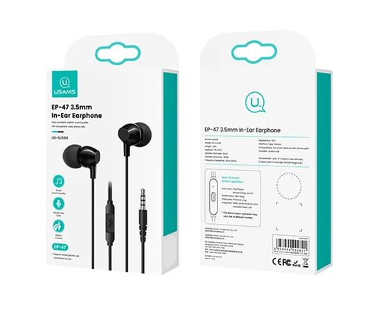 Навушники Usams US-SJ594 EP-47 з мікрофоном (3.5mm/1.2m) Black