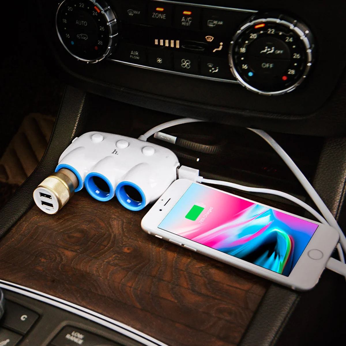 АЗУ с разветвителем прикуривателя Hoco C1 (3 порта+2USB/3.1A) White