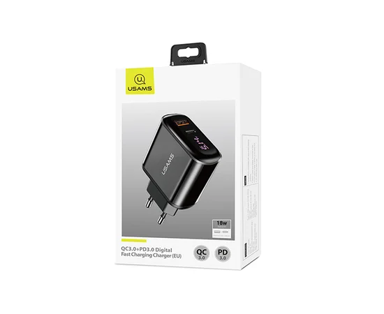 СЗУ USAMS US-CC085 T23 QC3.0+PD3.0 18W Digital Display Fast Charger （EU） Черный