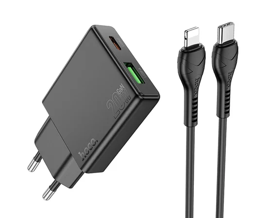 СЗУ Hoco N38 Delgado PD20W+QC3.0 + Type-C to Lightning Black