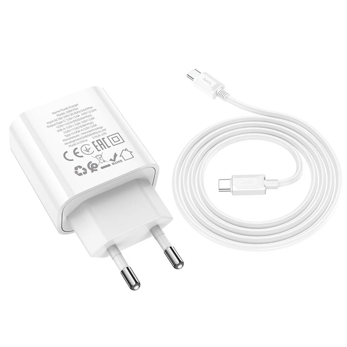 СЗУ HOCO C80A Plus Rapido PD20W+QC3.0 (1Type-C/1USB) + Type-C to Type-C White