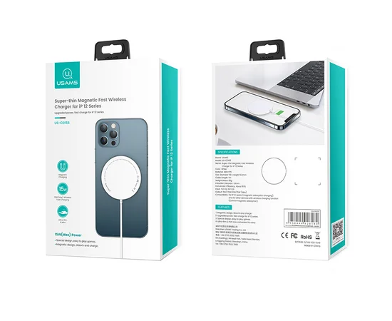 БЗУ Usams US-CD155 for iPhone 12, 15W (магнитный) Белый