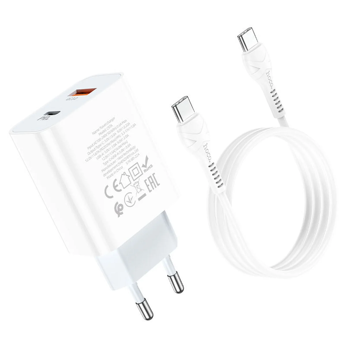 СЗУ HOCO C97A PD20W+QC3.0 (1USB/1Type-C/3A) + Type-C to Type-C Белый