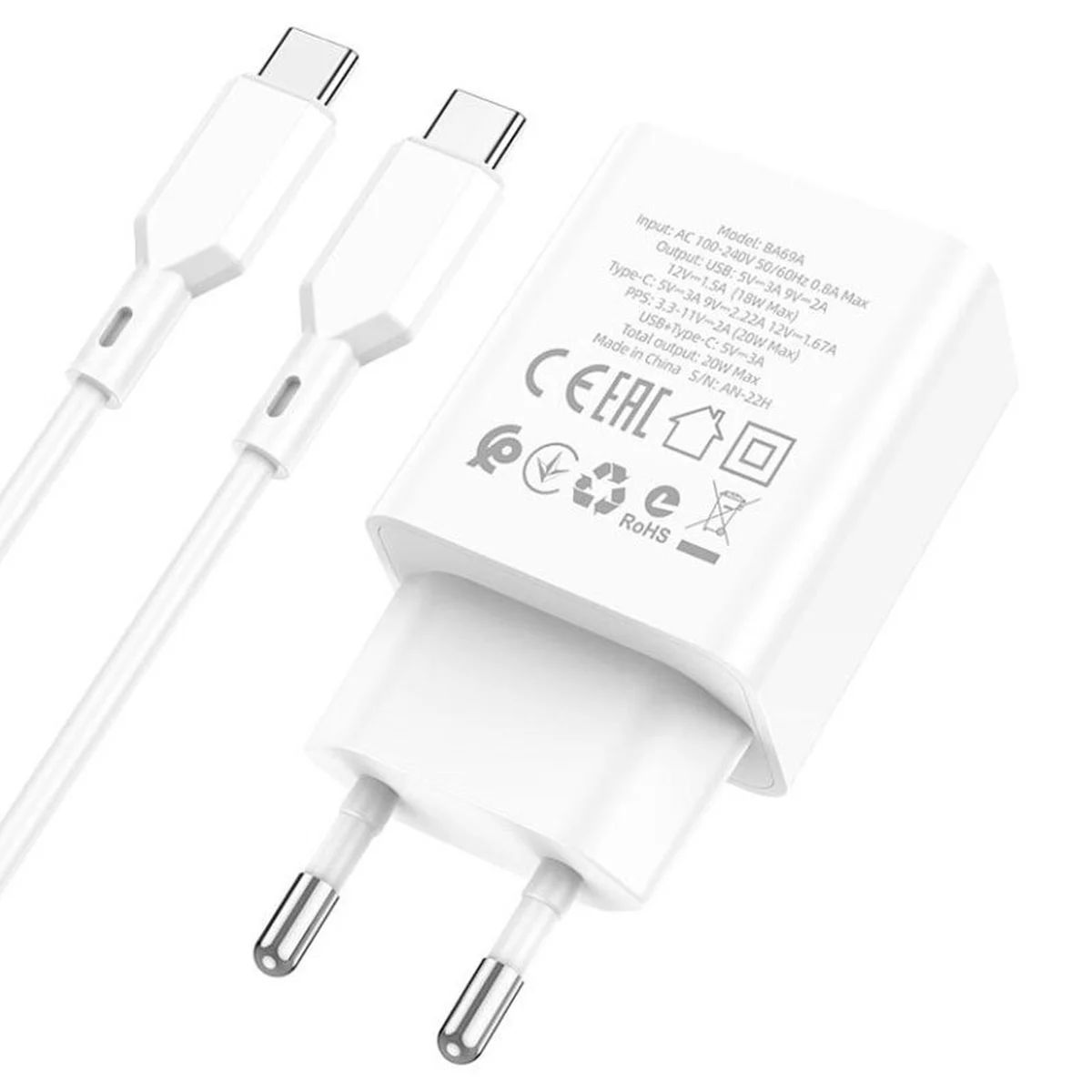 СЗУ Borofone BA69A Resource PD20W+QC3.0 (Type-C to Type-C) White