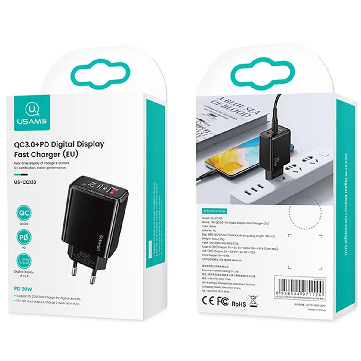 СЗУ Usams US-CC133 T40 QC3.0 + PD 20W Черный