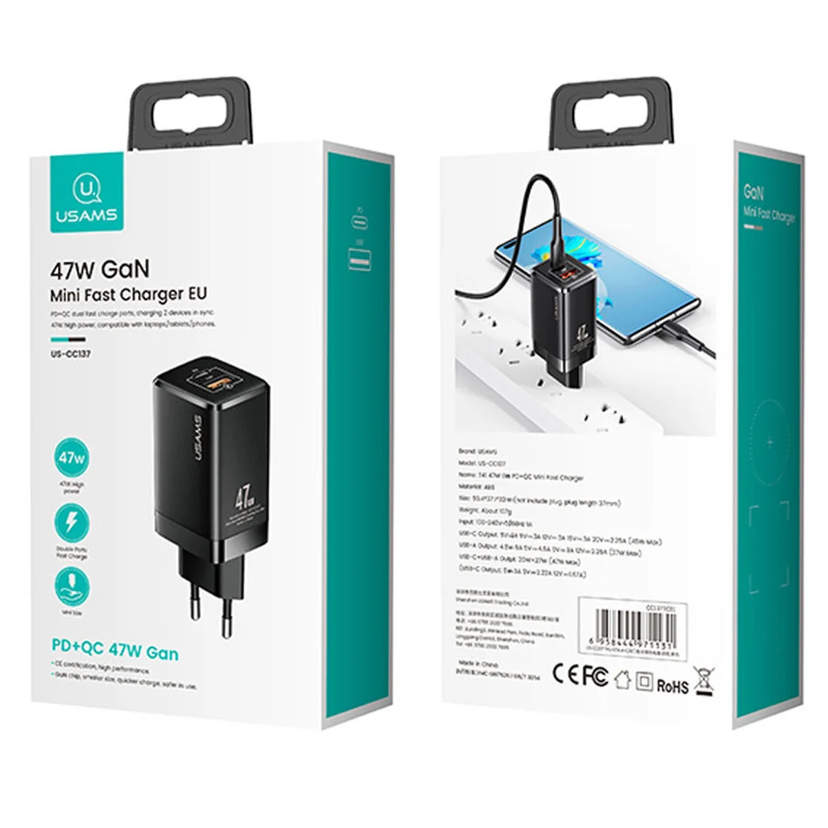 СЗУ Usams US-CC137 T41 47W GaN PD + QC Mini Черный