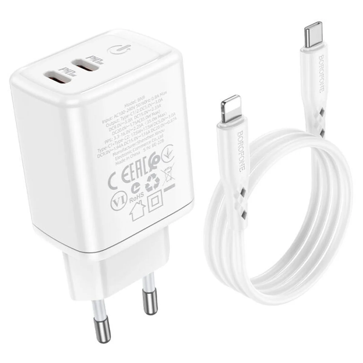 СЗУ Borofone BN9 PD35W (2Type-C) + Type-C to Lightning White