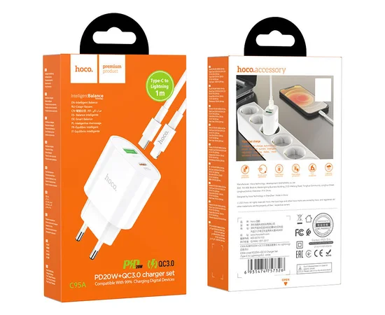 СЗУ HOCO C95A PD 20W+QC3.0 (1USB/Type-C/3A) + Type-C to Lightning White