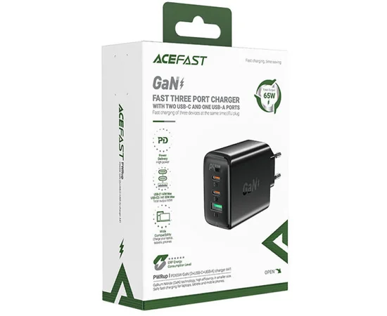 СЗУ Acefast A41 PD65W GaN (2*USB-C+USB-A) Black