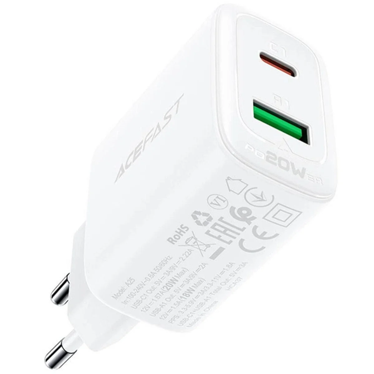 СЗУ Acefast A25 PD20W (USB-C+USB-A) dual port White