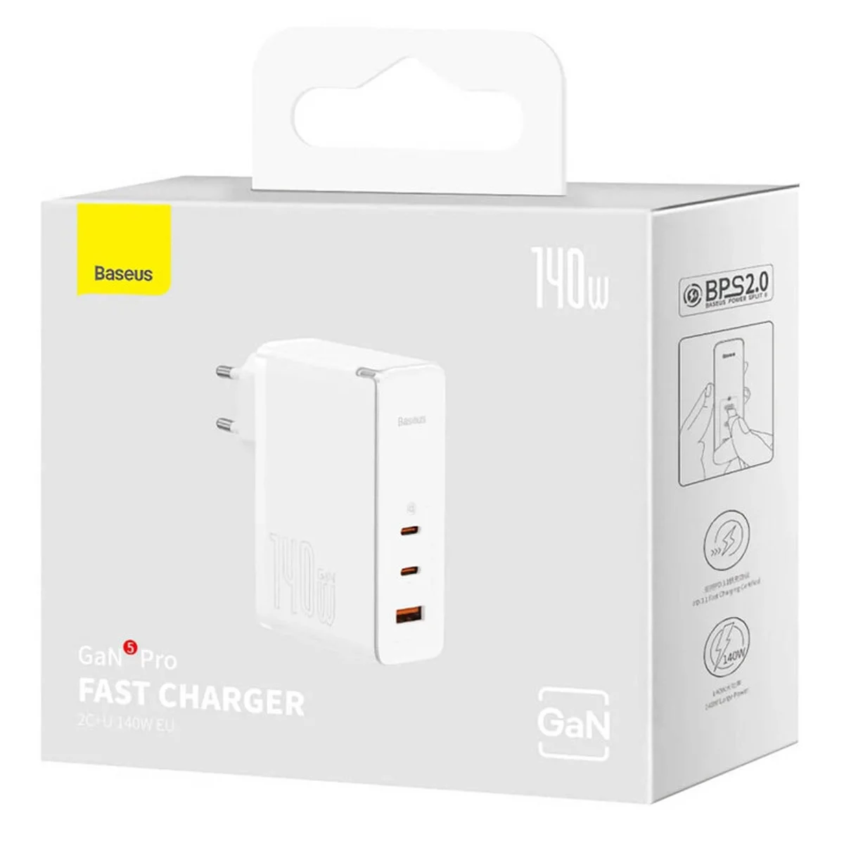 СЗУ Baseus GaN5 Pro 2Type-C+USB 140W EU (with Type-C to Type-C 140W (1m)) (CCGP100201) White