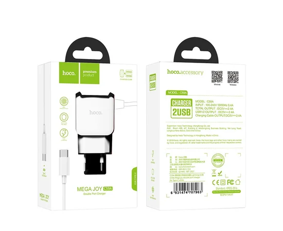 СЗУ Hoco C59A (2USB / 2.4A) + Type-C Білий