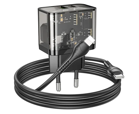 СЗУ Hoco N34 Dazzling PD20W+QC3.0 + Type-C to Lightning Transparent black