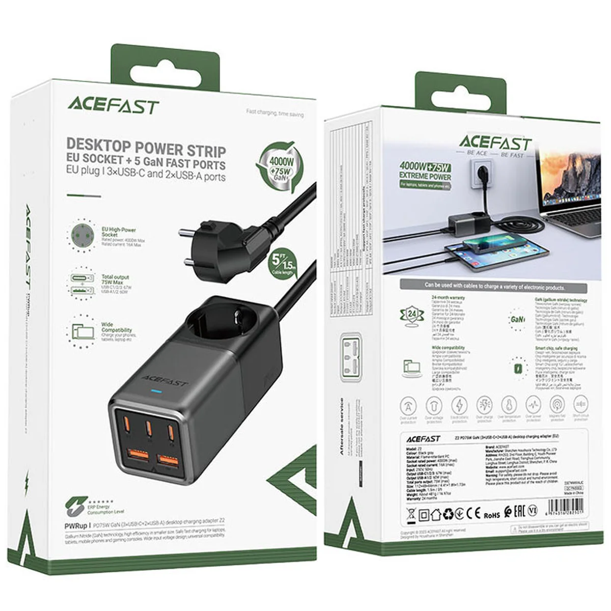 СЗУ Acefast Z2 PD75W GaN (3*USB-C+2*USB-A) Black gray