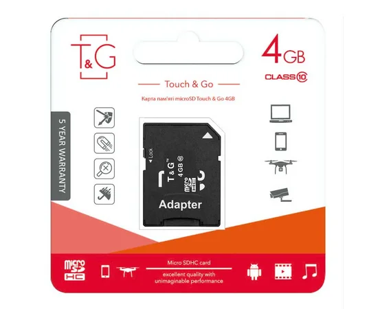 Карта памяти T&G microSDHC 4 GB class 10 (с адаптером) Черный