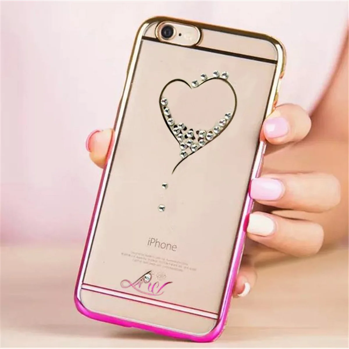 Чехол со стразами "Сердце" пластиковый для iPhone 6 Plus/6S Plus розово-золотой