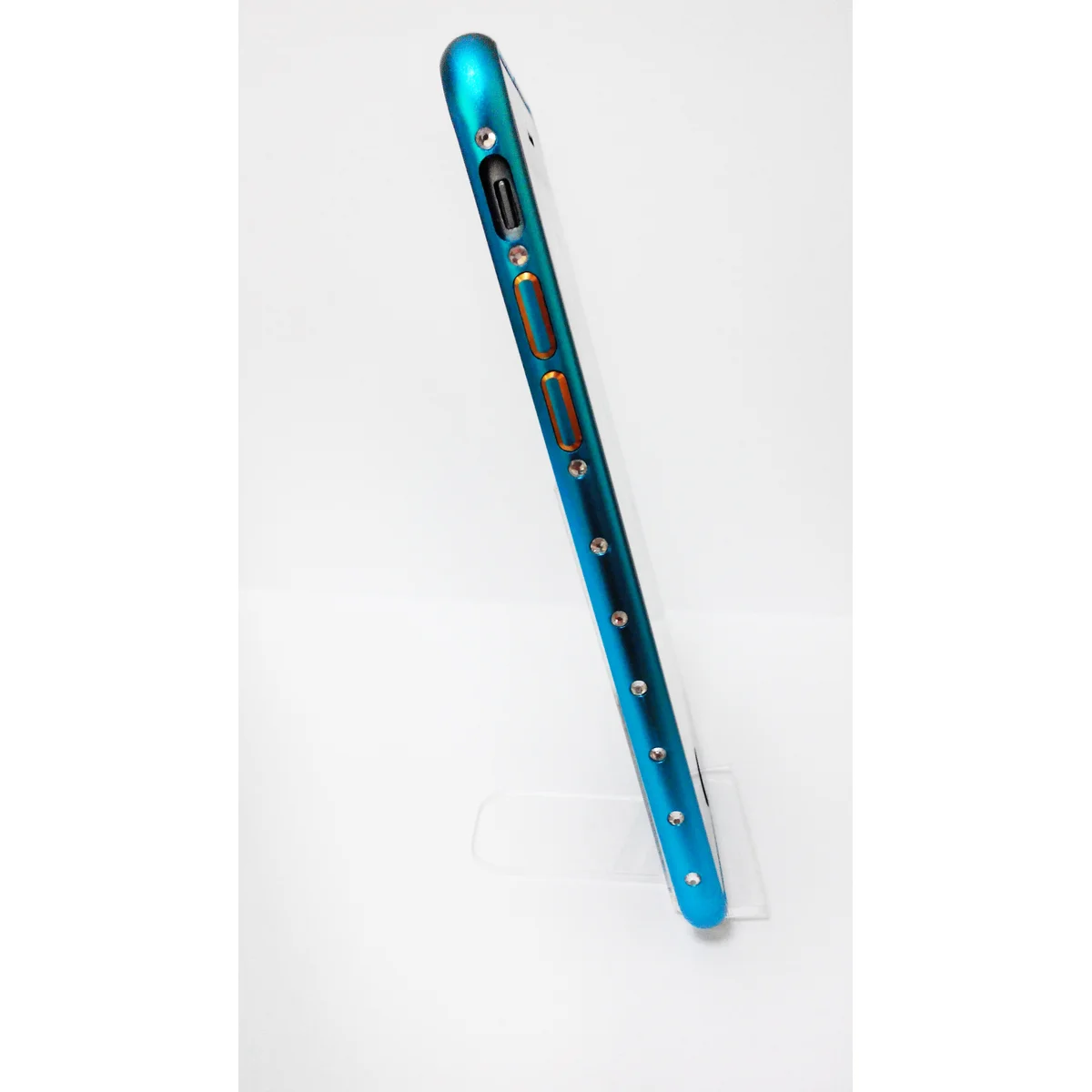 Алюминиевый ультратонкий голубой бампер со стразами для iPhone 6/6S