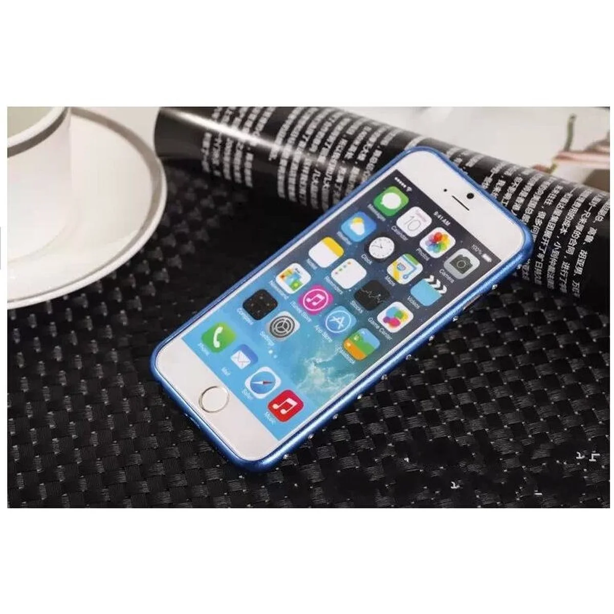 Алюминиевый ультратонкий синий бампер со стразами для iPhone 6/6S