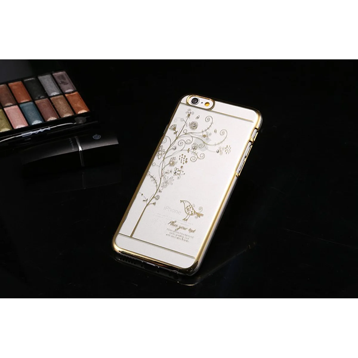 Чехол пластиковый "Птичка" со стразами золото для iPhone 6 Plus/6S Plus
